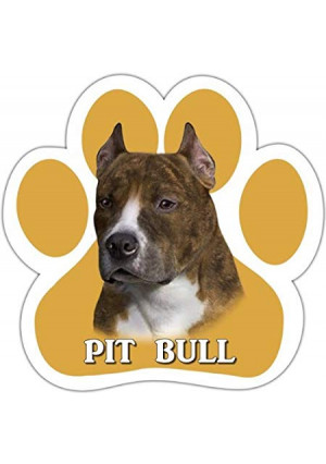 Pit Bull, Brindle Car Magnet With Unique Paw Shaped Design Measures 5.2 by 5.2 Inches Covered In UV Gloss For Weather Protection