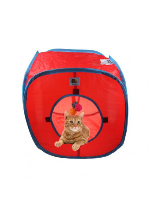 Flexible Pop Out Cat Kitty Play Cube Expandable Play Tunnel Cat Toys,with 4 Balls, Red