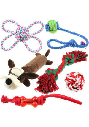 Well Love Dog Toys - Chew Toys - 100% Natural Cotton Rope - Squeak Toys - Dog Balls - Dog Bones - Plush Dog Toy - Dog Ropes - Tug of War Ball - Toys for Dog 6pack Gift Set