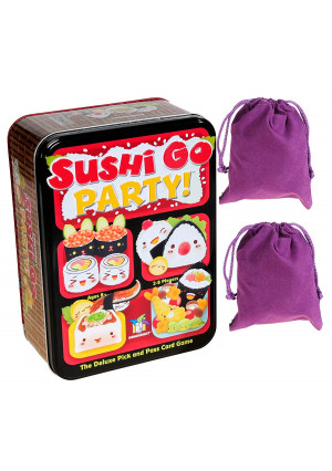 Sushi Go Party Game in Tin for 2 to 5 Players _ Bonus Two Purple Velveteen Drawstring Storage Pouches _ Bundled Items