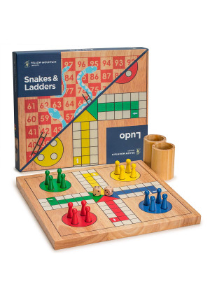 Yellow Mountain Imports Wooden Snakes and Ladders | Ludo Game Set, Reversible, 2 Games in 1