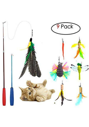 Cat Toys Interactive,9 Packs Retractable Cat Toy Wand, Cat Feather Toy, Assorted Refills Teaser Exerciser Wand Toy Set,Fish Bird Butterfly Dragonfly Worm