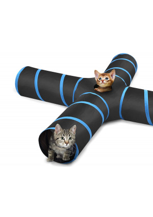 PAWABOO Cat Tunnel, Premium S-Shaped / 3-Way / 4-Way / 5-Way Tunnels Extensible Collapsible Cat Play Tunnel Toy Maze Cat House with Pompon and Bells for Cat Puppy Kitten Rabbit