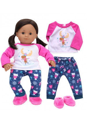 Sophia's 15 Inch Bitty Baby Doll Clothes | Pajamas of Moose Print Winter PJ's and Slippers 15" Doll Sleepwear