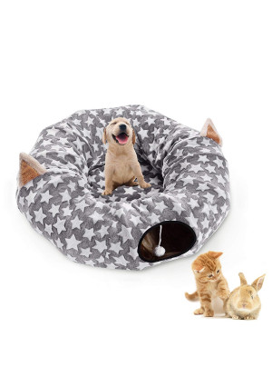 Cat Dog Tunnel Bed with Cushion Tube Toys Plush Large Diameter Longer Crinkle Collapsible 3 Way for Large Cats Kittens Kitty Small Puppy Outdoor 6FT