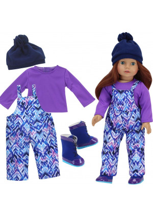 Sophia's 18 Inch Doll Clothes Set of Ikat Style Print Bib Girl Doll Snow Overalls, Purple T, Navy Hat and Doll Boots, Perfect for American Dolls and More!