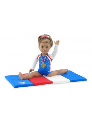 Emily Rose 18 Inch Doll Clothes | Team USA 4 Piece Doll Gymnastics Set, Including Jeweled Leotard, Tumbling Mat, Hair Bow and Realistic Olympic Gold Medal! | Fits 18" American Girl Dolls