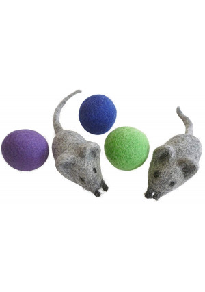 Earthtone Solutions Felt Wool Ball and Mouse Toys for Cats and Kittens, Adorable Colorful Soft Quiet 4cm Fabric Balls, Unique Handmade Natural, Eco-Friendly Cat Lover Gifts, 2 Felt Mice 3 Felt Balls