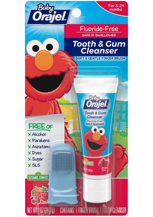 Baby Orajel Elmo Fluoride-Free Tooth and Gum Cleanser with Finger Brush, Fruity Fun, 1 oz.