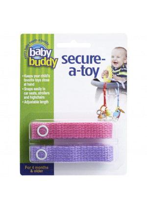 Baby Buddy Secure-A-Toy - Straps Toys, Teether, or Pacifiers to Strollers, Highchairs, Car Seats Safety Leash With Adjustable Length to Keep Toys Sanitary and Clean, Pink/Lilac 2 Count