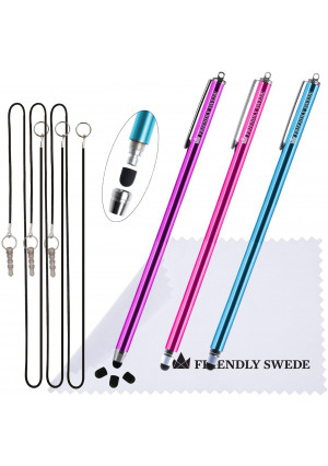 Extra Long - Bundle of 3 Thin-Tip High Precision Universal Capacitive Stylus Pens 7.3'' + Extra 3 Replaceable Tips + 2 x 15'' Elastic Tether Lanyards + Cleaning Cloth (Hot Pink + Purple + Aqua Blue)