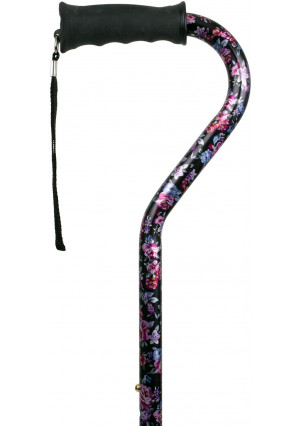 Carex Ergo Offset Cane with Soft Cushioned Handle - Adjustable Walking Cane for Women - Black Cane with Floral Pattern and Flowers