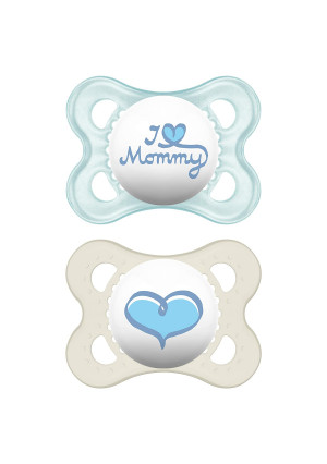 MAM I Love Mommy Collection Pacifiers (2 pack, 1 Sterilizing Pacifier Case), MAM Pacifier 0-6 Months, Baby Boy Pacifier, Best Pacifier for Breastfed Babies, Designs May Vary