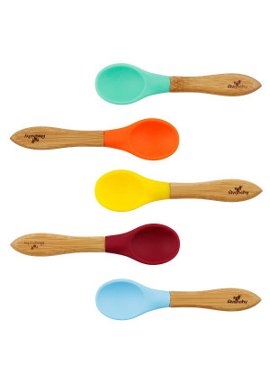 Avanchy First Stage Baby Feeding Spoons Natural Bamboo Soft Silicone Soft Tip Baby Spoon, Training Spoon Holds, Travel Gift Set for Baby  5 Pack (Blue, Green, Orange, Yellow, Magenta)
