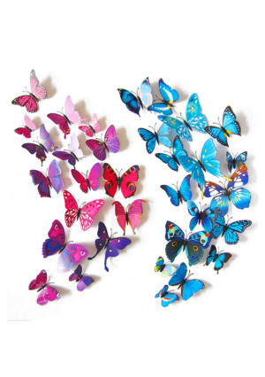 HAKDAY 24 PCS 3D Butterfly Wall Stickers Crafts Butterflies DIY Art Decor Home Room Decorations,12 PCS for Blue and 12 PCS For Purple