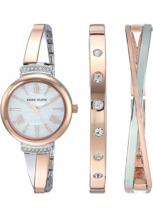 Anne Klein Women's AK/2245RTST Swarovski Crystal Accented Rose Gold-Tone and Silver-Tone Bangle Watch and Bracelet Set