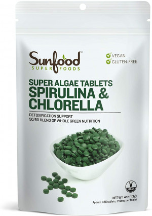 Sunfood Superfoods Spirulina and Chlorella Super Algae Tablets | 50/50 Micro-Nutrient Blend | Cold-Pressed, Highest Quality, Purest Source | Ultra-Clean (No Fillers, Additives, Preservatives) | 4 oz Bag