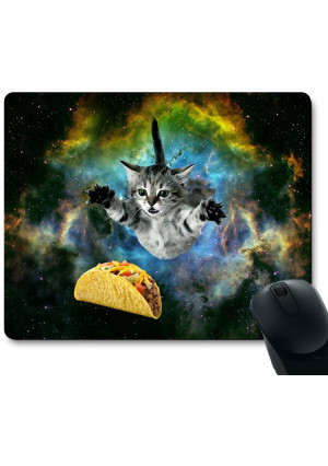 Curious Cat Flying Through Space Reaching for a Taco in Galaxy Space Hilarious Mouse Pad