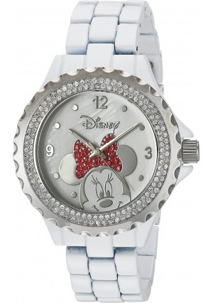 Disney Minnie Mouse Women's Enamel Sparkle White Alloy Watch, Silver Bezel, White Bracelet, W002895