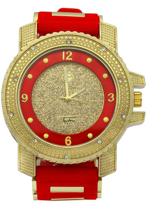 Totally Iced Out Cz Techno Pave Gold Tone Red Band Over Sized Hip Hop Men's Bling Bling Watch Watches