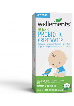 Wellements Organic Probiotic Gripe Water, 4 Fl Oz, Eases Baby's Stomach Discomfort, Digestive and Immune Support, Free From Dyes, Parabens, Preservatives