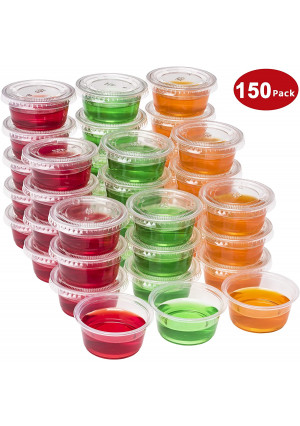 DuraHome Plastic Portion Cups with Lids 2 oz. Pack of 150 Leakproof Jello Shot Cup Salad Dressing Containers for Sauce Condiment Snack Souffle and Salsa, Disposable