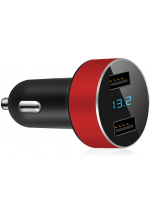 Dual USB Car Charger,4.8A Output,Cigarette Lighter Voltage Meter Compatible for Apple iPhone,iPad,Samsung Galaxy,LG,Google Nexus,USB Charging Devices,Red