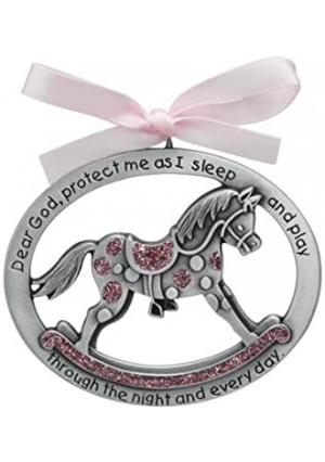 Sweet ROCKING HORSE Crib Medal for Baby GIRL with PRAYER Verse PEWTER Finish - CHRISTENING/SHOWER GIFT - Baptism KEEPSAKE w/PINK RIBBON - INFANT - Newborn (Original Version)