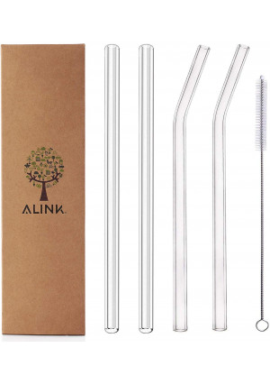 Alink Clear Glass Straws, 9 in X 10 mm Reusable Straight and Bent Smoothie Straws, Set of 4 with Cleaning Brush