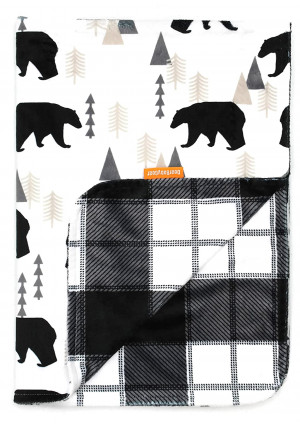 Dear Baby Gear Deluxe Baby Blankets, Custom Minky Print Double Layer, Black Bears, Black and Grey Plaid Minky, 38 Inches by 29 Inches