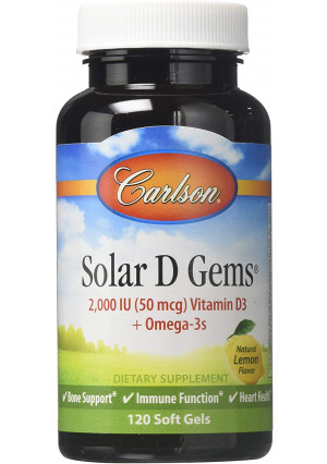Carlson - Solar D Gems, Vitamin D3 and Omega-3 Supplement, 2000 IU Vitamin D3, 115 mg Omega-3s EPA and DHA, Vitamin D Fish Oil Capsule, Bone and Immune Health, Vitamin D Supplement, Lemon, 120 Softgels