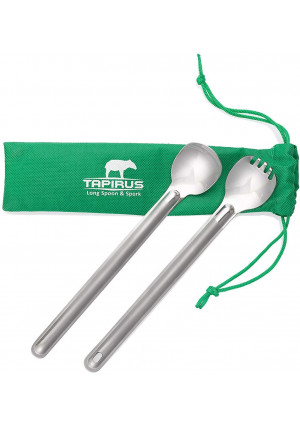 Tapirus Long Handle Spoon and Spork Set - Deep Reach Stainless Steel Cooking Eating Utensils Access Bag Bottoms, Keep Hands Clean and Away from Heat + Carry Bag Ideal for Hiking, Camping, Backpacking