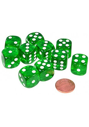 JustMikeO Set of 10 Six Sided D6 16mm Standard Rounded Translucent Dice Die - Green