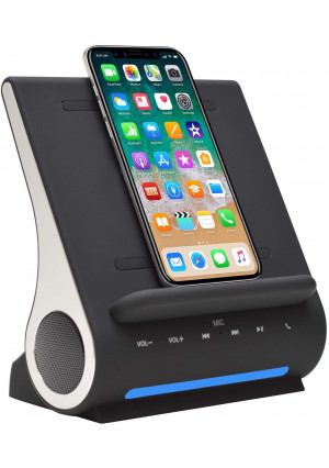 Azpen Dockall D100 - Qi Wireless Charger, Bluetooth Premium Speakers, Docking Station with Built in Mic Handsfree call, 3 in 1 Station for iPhone and Samsung phone