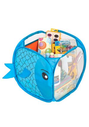 Smart Design Kids Pop Up Organizer w/Animal Print - VentilAir Mesh Netting - for Toddlers, Baby Clothes, Plushies, Toys - Home Organization - Cube - (10.5 x 11 Inch) [Blue Fish]