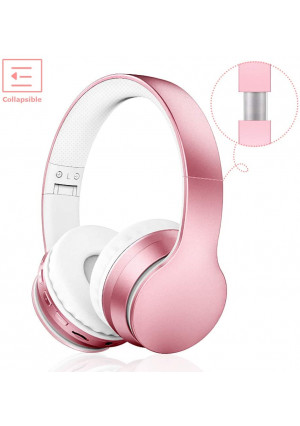 LOBKIN Bluetooth Headphones Over Ear, Stereo Wireless Headset with Microphone, Foldable Wireless and Wired Headphones with TF Card MP3 Mode and FM Radio for iPhone/Samsung/iPad/PC(Rose Gold)