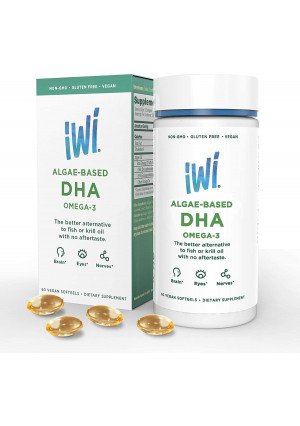 IWI Omega-3 Oil DHA - Doctor Recommended Algae Oil Soft Gel Capsules - 30 Day Supply -(Packaging May Vary)  Better Absorption, 100% Vegan, Non GMO - Healthier Than Fish Oil - Supports Brain, Cognitive and Visual Health.