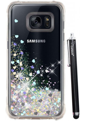 Galaxy S7 Glitter Case, S7 Case, Cattech Liquid Bling Sparkle Shiny Moving Quicksand - Slim Clear TPU Bumper Protective Non-Slip Grip Shockproof Cover for Samsung Galaxy S7 + Stylus (Silver)