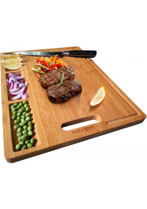 HHXRISE Large Organic Bamboo Cutting Board for Kitchen, with 3 Built-in Compartments and Juice Grooves, Heavy Duty Chopping Board for Meats Bread Fruits, Butcher Block, Carving Board, BPA Free