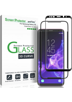 amFilm Glass Screen Protector for Samsung Galaxy S9, 3D Curved Tempered Glass, Dot Matrix with Easy Installation Tray, Case Friendly (Black)