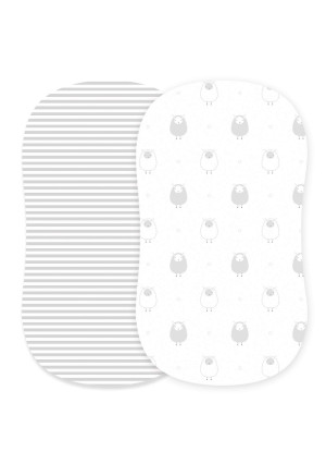 Cuddly Cubs Bassinet Sheets Set  2 Pack  Snuggly Soft Jersey Cotton Cradle Sheets  Fitted Perfectly for Halo Bassinet, Fisher Price, Delta, Graco and Other Oval Basinette  Grey Stripes, Sheep