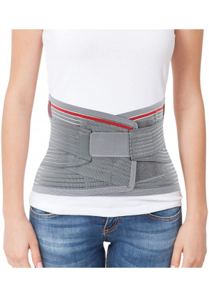ORTONYX Lumbar Support Belt Lumbosacral Back Brace  Ergonomic Design and Breathable Material - M/L (Waist 31.5"-39.4") Gray/Red
