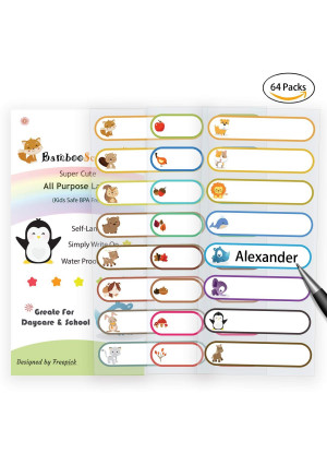 Baby Bottle Labels for Daycare,School, Waterproof Write-On, Self-Laminating Name Labels, Tags, Sticker Multiple Colors(Animal Friends)