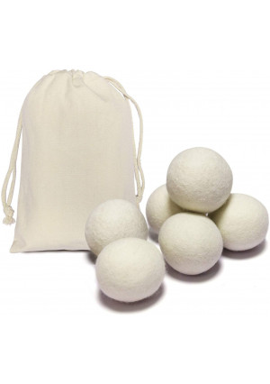 6 Pack All Natural Organic Wool Dryer Balls XL Size - Reusable Chemical Free Natural Fabric Softener, Anti Static, Reduces Clothing Wrinkles and Saves Drying Time (White)