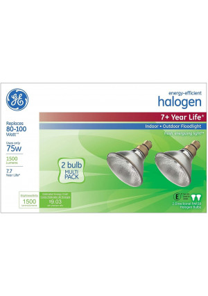 GE Lighting 62231 Energy-Efficient Halogen 75-Watt (90-watt replacement) 1500-Lumen PAR38 Floodlight Bulb with Medium Base, 2-Pack (2 Bulbs)