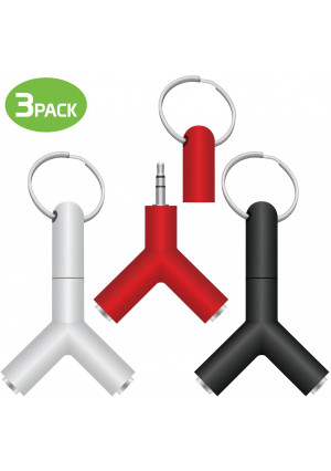 Pack of 3 Key Chain Audio Splitter Y Adapter, 3.5mm Male to Dual 3.5mm Female Adapter by Cellet  Black, White and Red