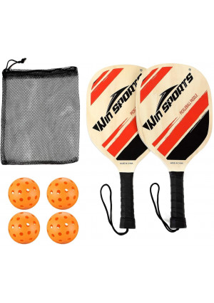 Win SPORTS Wooden Pickleball Paddle Set | Beginner Racket | Pickle Ball Paddles with 2 Paddles,4 Balls and 1 Carry Bag | Durable and Classic