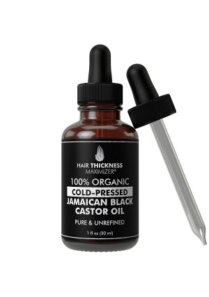 100% Organic Cold-Pressed Jamaican Black Castor Oil (1fl Oz) by Hair Thickness Maximizer. Pure Unrefined Oils for Thickening Hair, Eyelashes, Eyebrows. Avoid Hair Loss, Thinning Hair for Men and Women