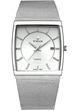 Men's Elite Ultra Thin Stainless Steel Analog Quartz Watch Square Luminous Mesh Wristwatch with Date