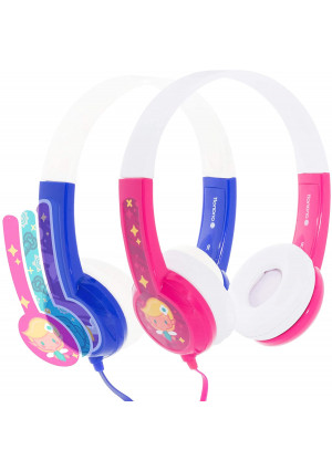 ONANOFF BuddyPhones Discover, Volume-Limiting Kids Headphones, Comfortable and Durable, Built-in Audio Sharing Cable, Compatible with Fire, iPad, iPhone, and Android Devices, Blue and Pink